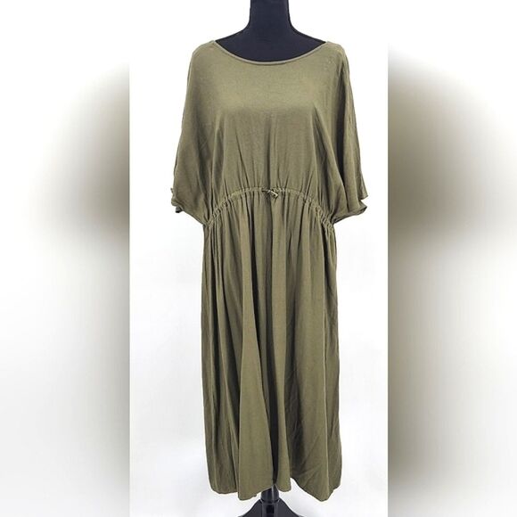 Hering Drawstring V Back Maxi Dress Women Size Medium Drab Olive Green Lagenlook