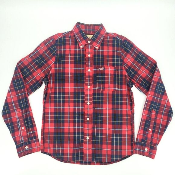 Hollister Button Down Shirt Size Medium Men Navy Blue Red Plaid Logo Embroidery
