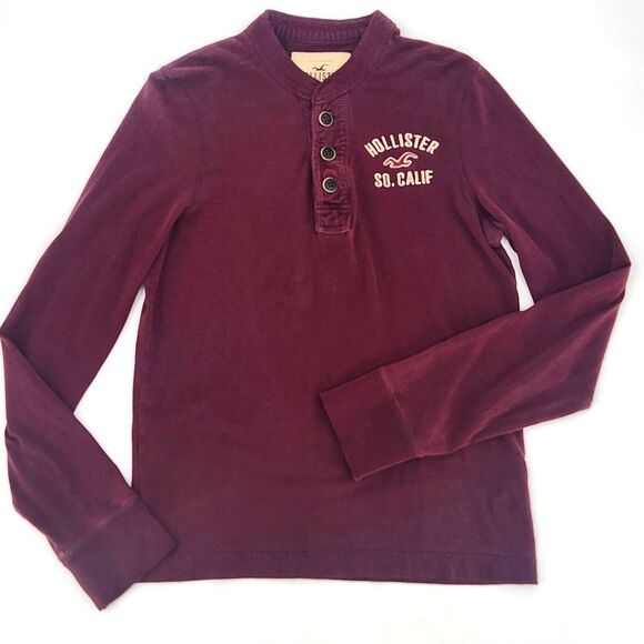Hollister Shirt Men Small Red Henley Long Sleeve Buttons Logo Spell Out Y2K