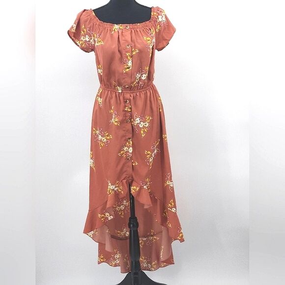 Indulge High Low Dress Size Medium Pink White Floral Ruffles Romanic Fairy Boho
