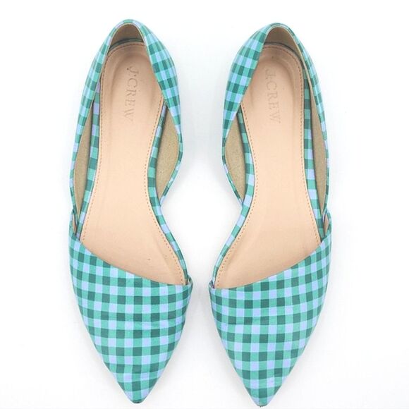 J Crew Flats Shoes Size 8 Womens Blue Emerald Green Gingham Plaid Leather F1187