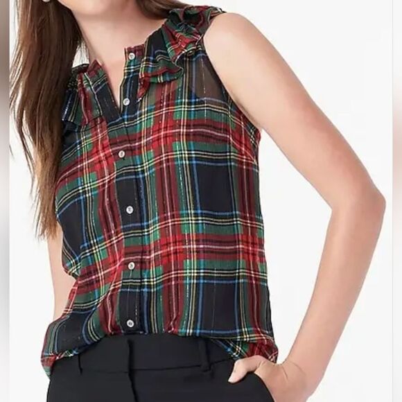 J Crew Sleeveless Ruffle Collar Top Black Stewart Tartan Plaid Women’s Small