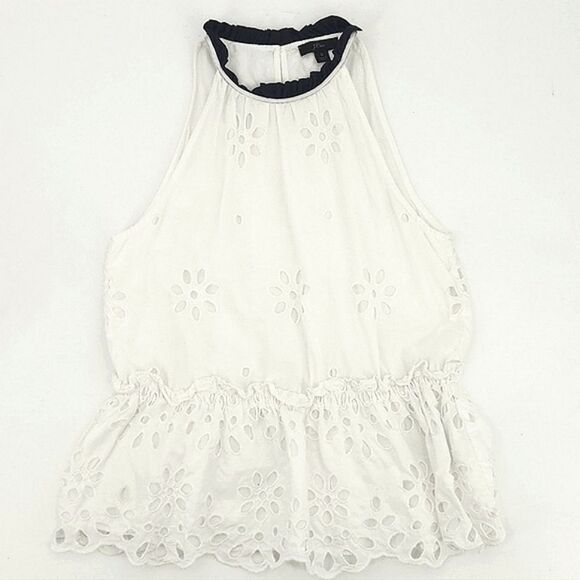 J Crew Top Blouse Womens Size Small White Blue Eyelet Embroidery Preppy Cottage