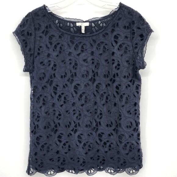 Joie Black Embroidered Scalloped Peekaboo Lace Shirt Blouse Top Women’s XS