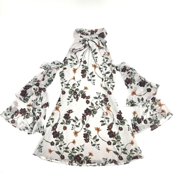 Keepsake Twilight Dreams Mini Dress Small Women Gray Garden Floral Cold Shoulder