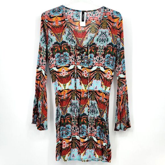 Kenneth Cole Bell Sleeve Dress Size Small Colorful Floral Retro Boho Chic Summer