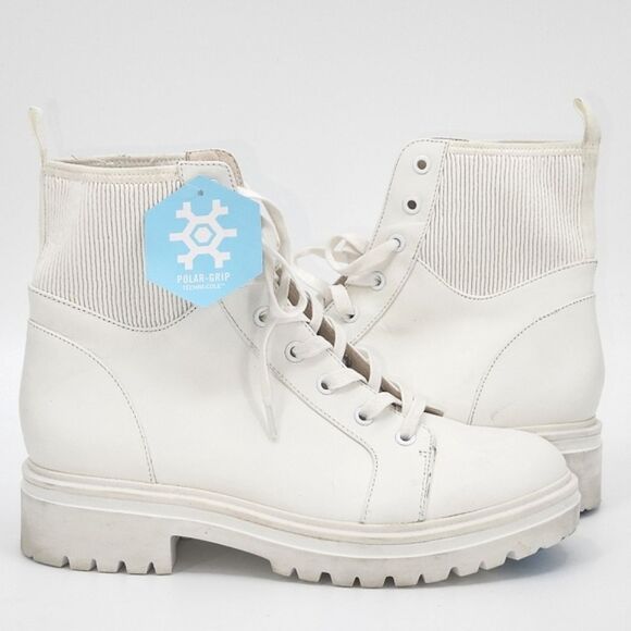 Kenneth Cole Rhode Light Leather Combat Boots with Polar Grip 8.5 White