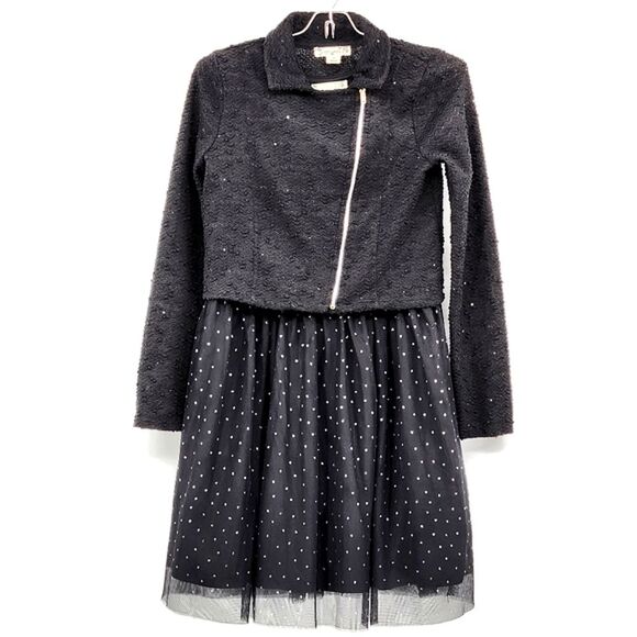 Knitworks Glitter Polka Dot Black Skater Dress With Sequin Moto Jacket Girls 16