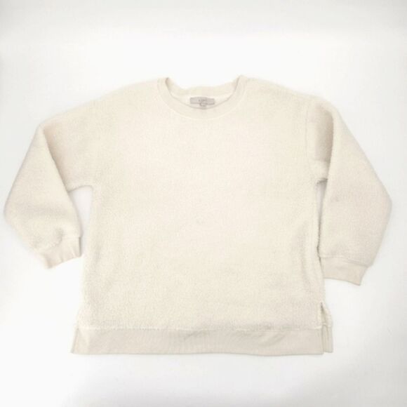LOFT Sweatshirt Size Medium Womens Ivory White Crewneck Fuzzy Fleece Faux Sherpa