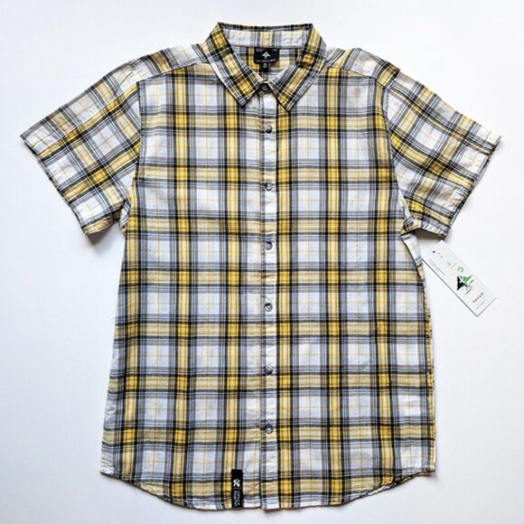 LRG Boy’s Plaid  Black Yellow White Button Down Short Sleeve Shirt Extra Large
