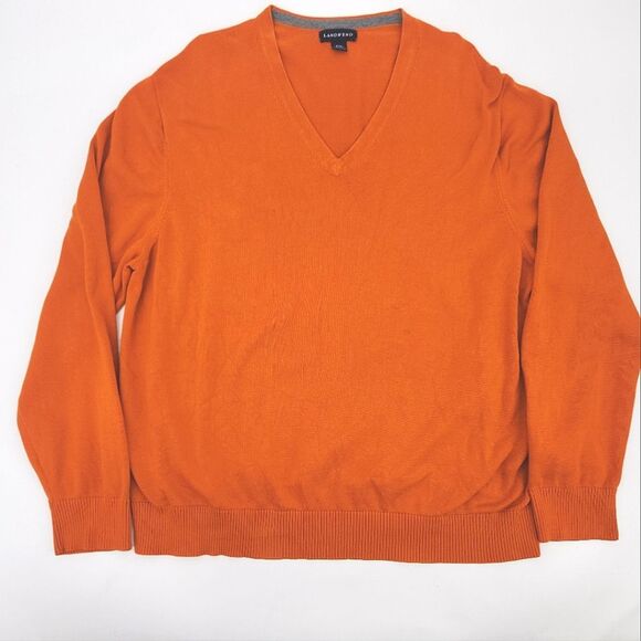 Lands’ End Mens Sweater Size XXL Orange V-Neck 100% Cotton Cabincore Dadcore