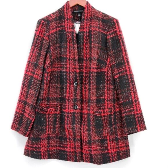Lane Bryant Red Plaid Shimmer Boucle Jacket Pea Coat Womens Size 14 / 16 Holiday