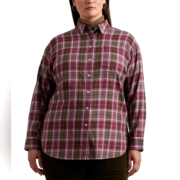 Lauren Ralph Lauren Brawley Button Up Down Shirt Womens Size 2X Plaid Old Money
