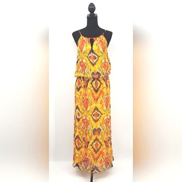 Lauren Ralph Lauren Tribal Ikat Print Yellow Tie-Back Smocked Maxi Dress Women 8