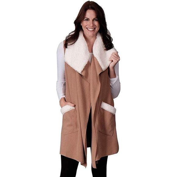 Le Moda Women’s Sleeveless Fleece Vest with Faux Sherpa Trim Camel