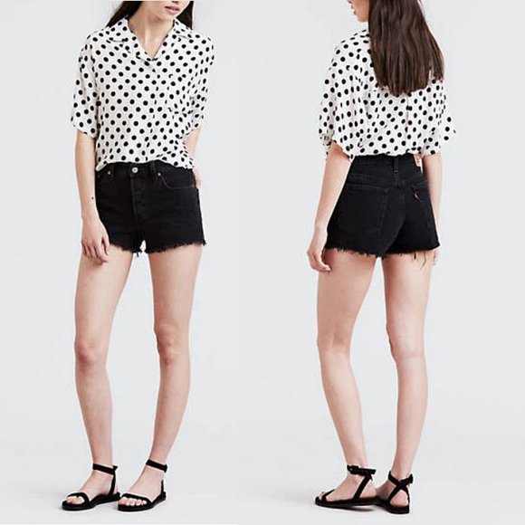 Levi’s 501 Festival Mid Rise Frayed Raw Hem CutOff Shorts Black