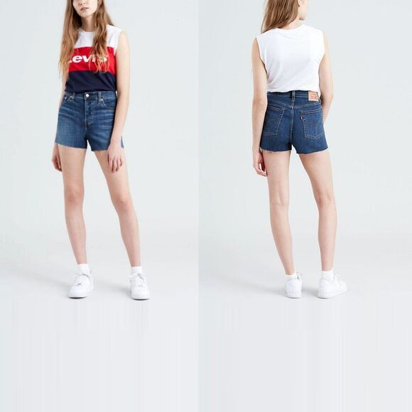 Levi’s High Waist Raw Hem Denim Jean Shorts Blue 30 31