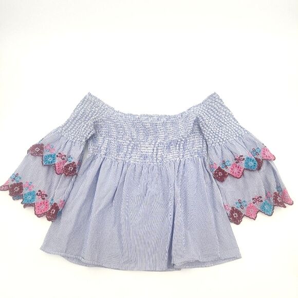 Loft Shirt Top Womens Size Petite Large Blue Stripe Embroidery Off Shoulder Boho