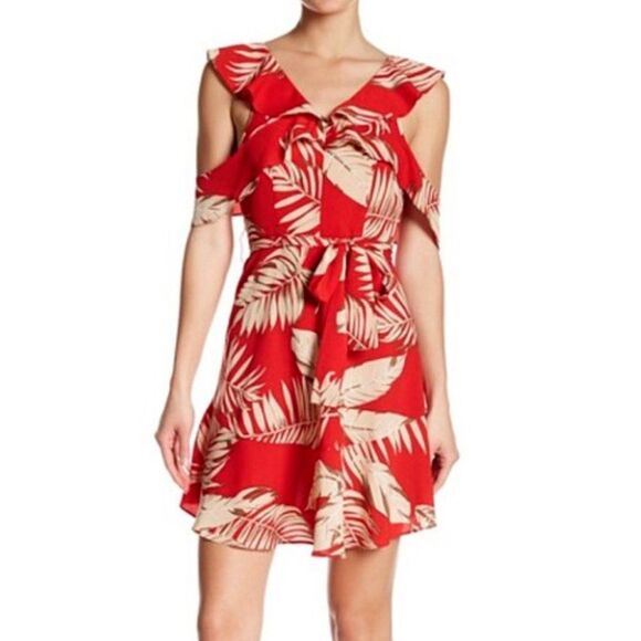 Love + Harmony Red Floral Palm Leaf Graphic Print Ruffle Dress Womens Size Small