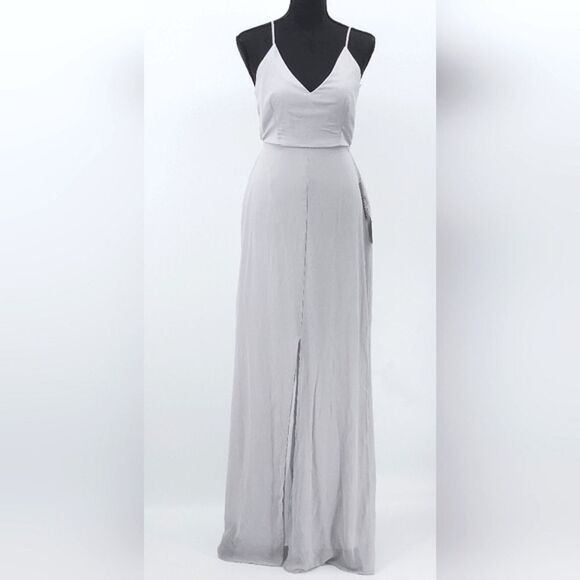 Lulus Story Of A Starry Night Backless Lace Maxi Dress Gown Gray Event Small