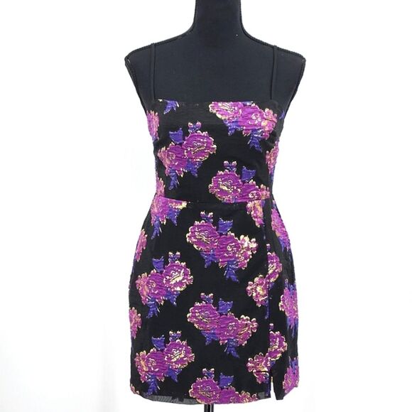 Lulus Vivid Charm Black Purple Floral Jacquard Sleeveless Mini Dress Size Small