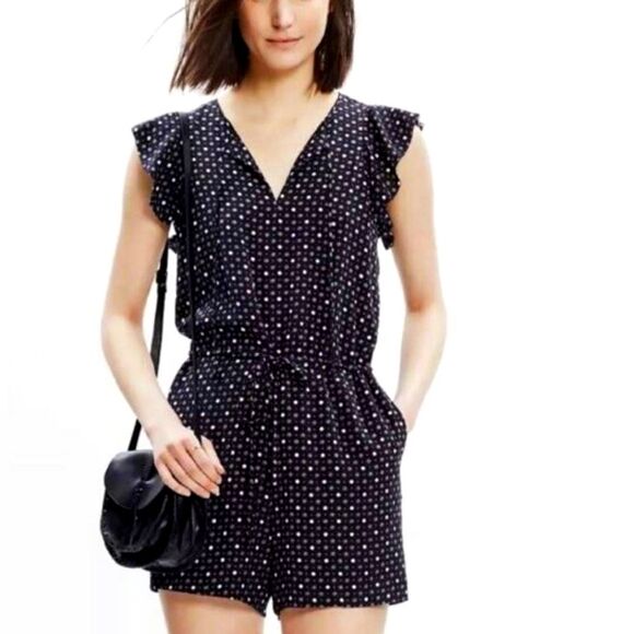 Madewell Silk Petalplay Back Cut Out Romper Jumper Womens XS Black & White