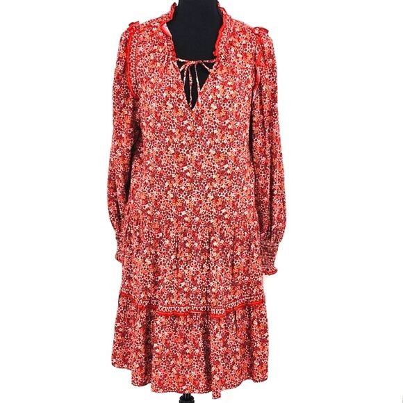 Max Studio Long Sleeve Tiered Peasant Dress Womens Medium Red Ditsy Floral Print