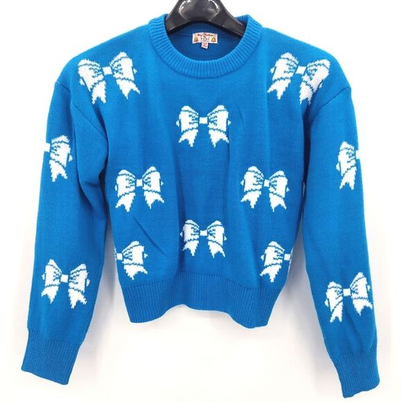 Merry Christmas by Poof Bow Sweater Size Large Womens Blue White Knit Crewneck