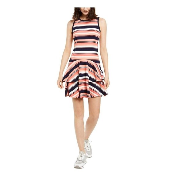 Michael Kors Drop Waist Dress Size XL Pink Blue Stripes Flounce Ruffle Preppy