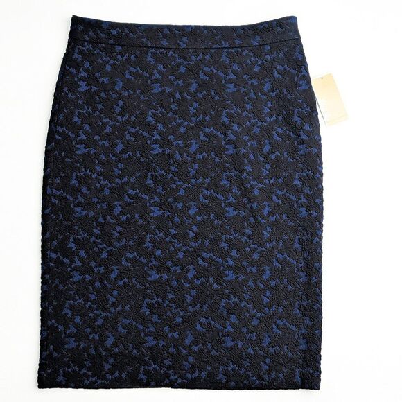Micheal Kors Blue & Black Embroidered Floral Straight Skirt Medium