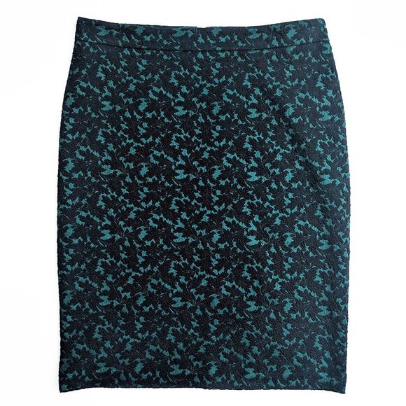 Micheal Kors Embroidered Emerald Green & Black Floral Straight Skirt Large