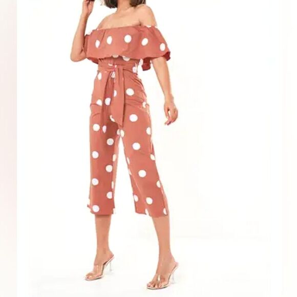 Missguided Culotte Jumpsuit Size 4 Terracotta Pink Polka Dots Boho Chic Summer