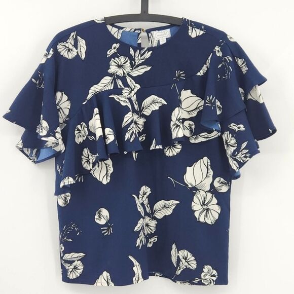 MudPie London Flounce Top Womens Size Small Navy Blue Floral Ruffles Asymetrical