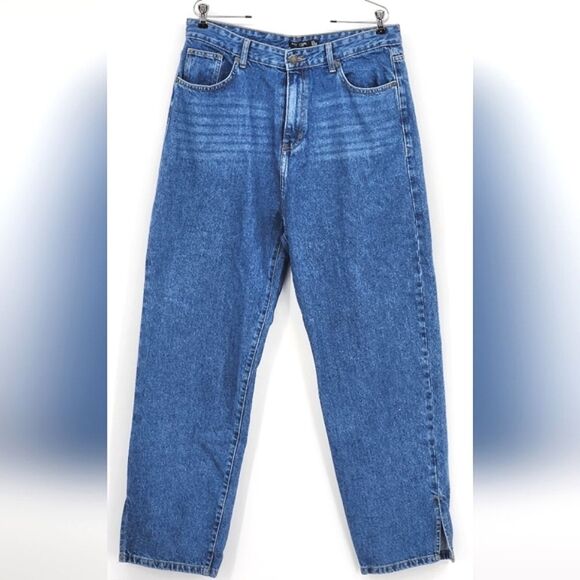 Nasty Gal Organic Denim Split Hem Straight Leg Jeans Womens Size 12 Mid Blue