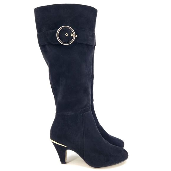 New Bella Vita Braxton Gold Buckle Black Faux Suede Tall Boots Womens Size 6