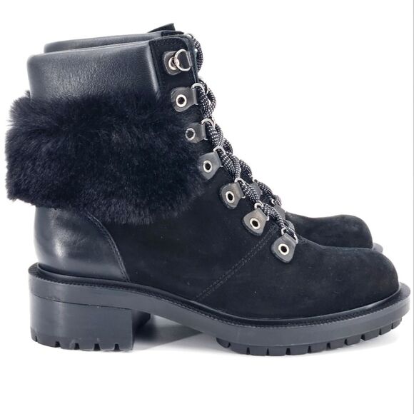 New Botkier Madigan Suede Leather Faux Fur Black Hiking Boots Womens Size 5.5