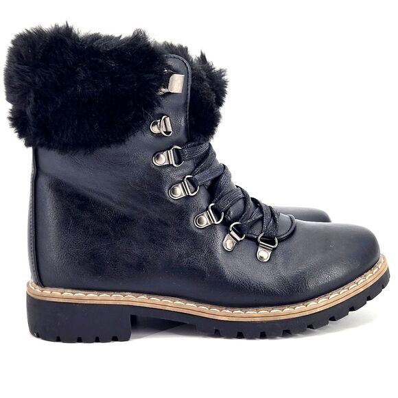 New Catherine Malandrino Hershey Faux Fur Cuff Lace Up Combat Ankle Boots 6