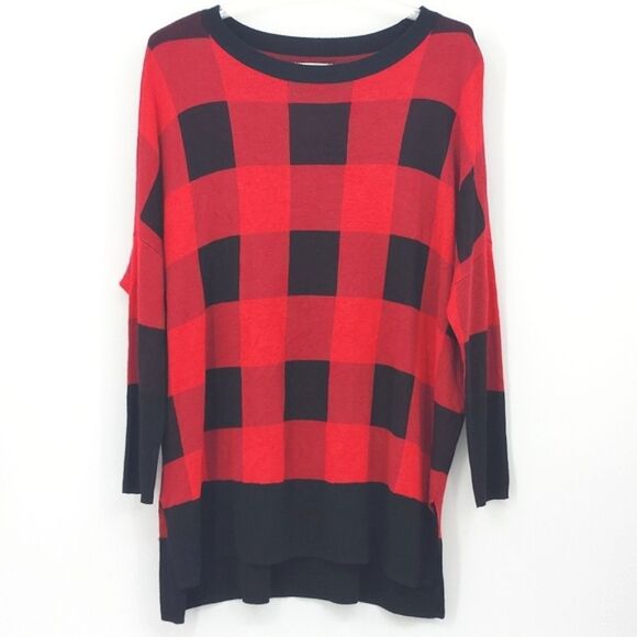 New Directions Drop Shoulder Tunic Sweater Women Size Medium Buffalo Plaid Rayon
