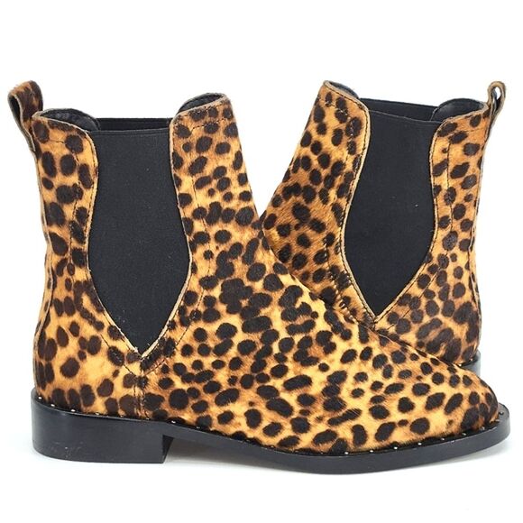New Rebecca Minkoff Sabeen Cheetah Print Chelsea Boots Ankle Booties Cow Fur 7.5