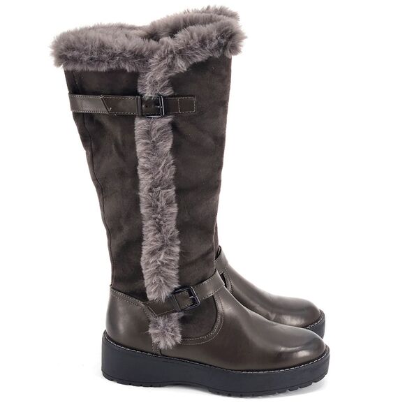 New Wanted Platform Knee High Boots Brown Faux Leather & Fur Buckle Detail 7.5