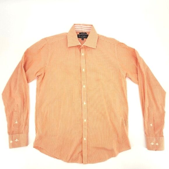 Nicole Miller Dress Shirt Men 15 Neck Orange Gingham Check Long Sleeve Button Up