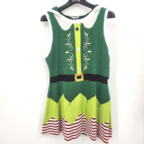 No Boundaries Elf Dress Size XXXL Womens Juniors Green Red White Bells Hooded