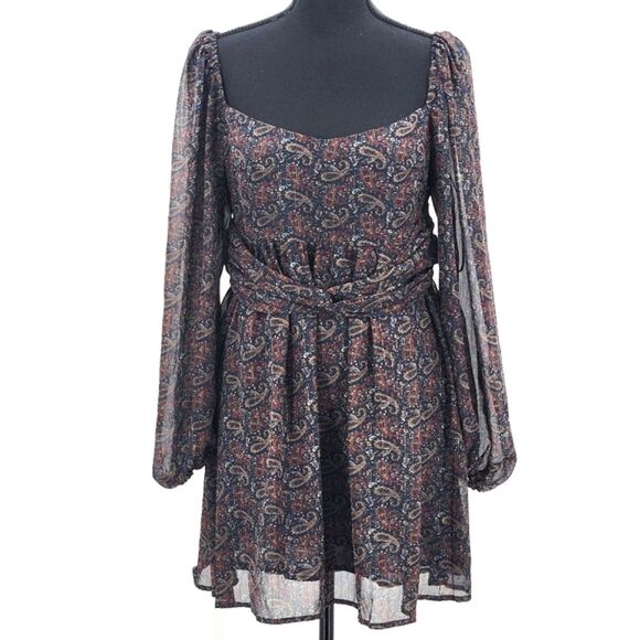 OPT One Pretty Time West Dress Size Medium Womens Blue Paisley Squareneck Sheer