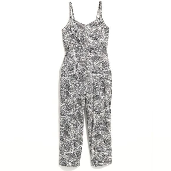 Old Navy Cami Jumpsuit Size XS Womens Black White Palm Print Sleveless Wide Leg