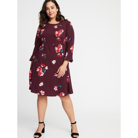 Old Navy Fit & Flare Dress Size XXL Wine Red Floral 3/4 Sleeve Office Work Boho