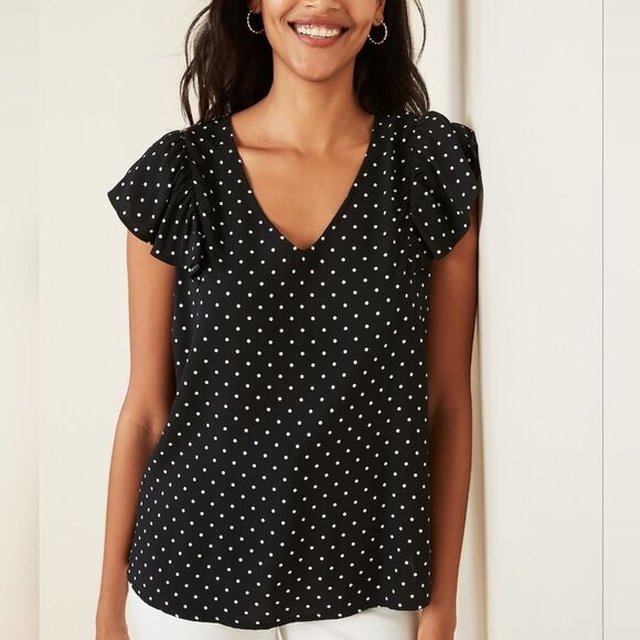 Old Navy Flutter Short Sleeve V-Neck Polka Top Women Size Small White Polka Dots