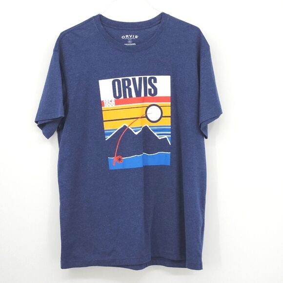 Orvis Classic Fit 1856 Fly Fishing Graphic Mountain T Shirt Blue Mens Size XL