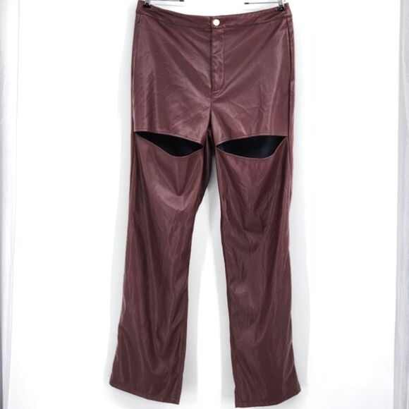 Prettylittlething Faux Leather Trousers Size 12 Women Brown Straight Leg Y2K