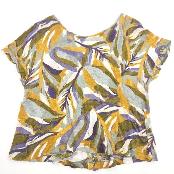 Rachel Zoe Linen Blouse Top Womens Large Floral Multicolor Short Sleeve Pullover