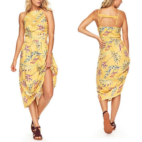 Roxy Summer Navajo Tropical Floral Print Yellow Midi Dress